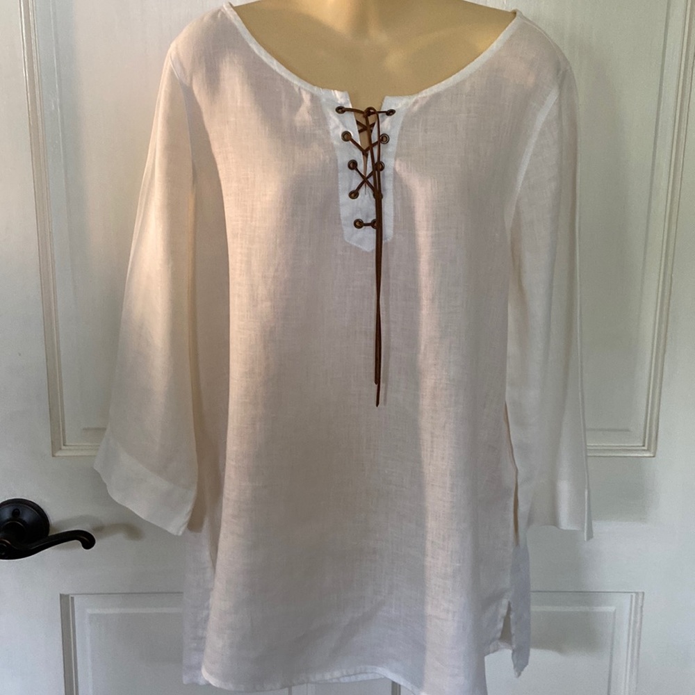 St. Tropez White Long Sleeve Linen Tunic Size M